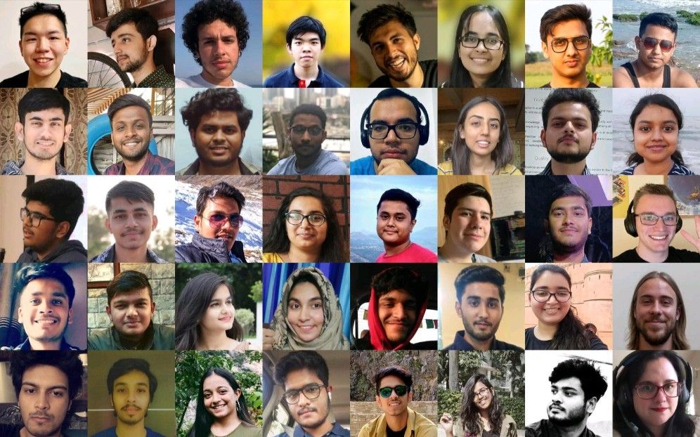 A photo collage organized into a grid of 40 small squares, each displaying a different person's face or headshot. The individuals are diverse in appearance, and many are smiling.