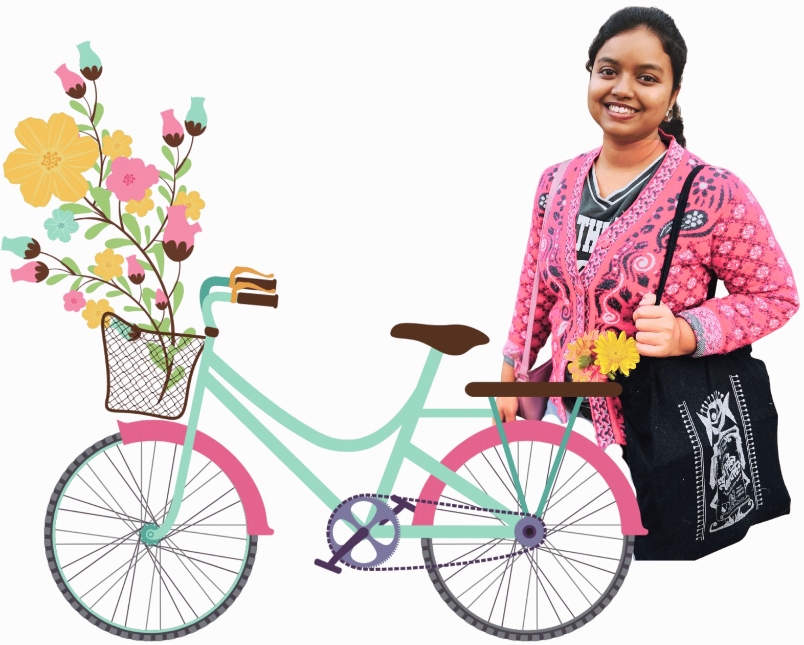 A smiling woman stands next to a teal and pink illustrated bicycle on a white background. She is wearing a red patterned cardigan over a dark shirt and carrying a black tote bag with two yellow flowers tucked into its strap. The bicycle's front basket is filled with colorful, stylized floral illustrations.