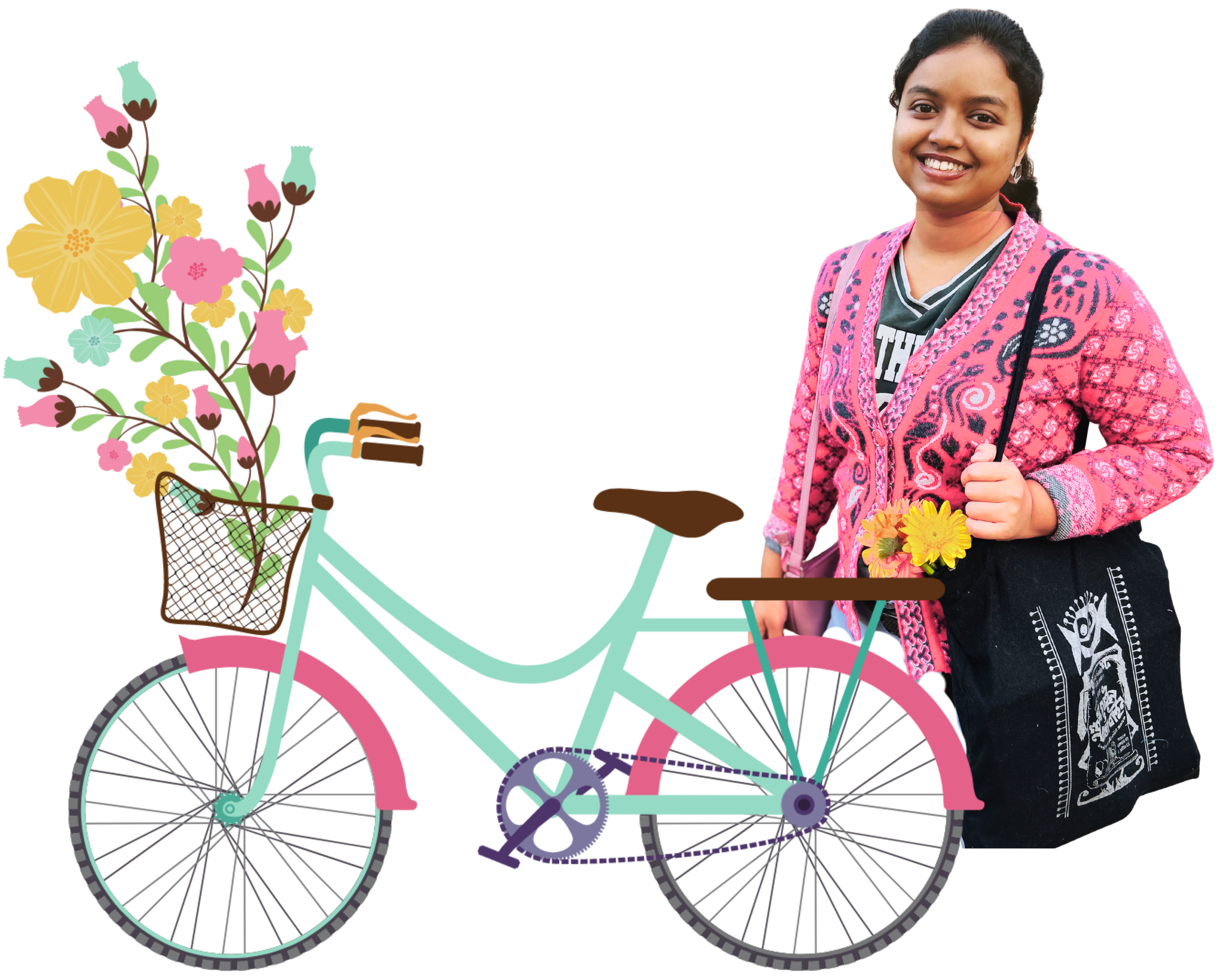A smiling woman stands next to a teal and pink illustrated bicycle on a white background. She is wearing a red patterned cardigan over a dark shirt and carrying a black tote bag with two yellow flowers tucked into its strap. The bicycle's front basket is filled with colorful, stylized floral illustrations.